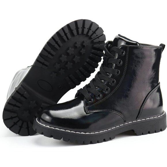 Kids Black Ankle Boots Boys Girls Side Zipper Lace Up Work Boots Combat Boots - Picture 6 of 7